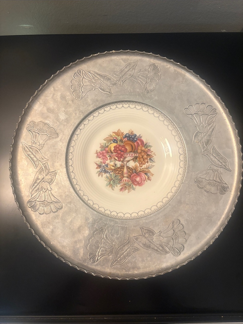Vintage Triumph Limoges Aluminum Platter Floral Centerpiece, 22K Gold Accents
